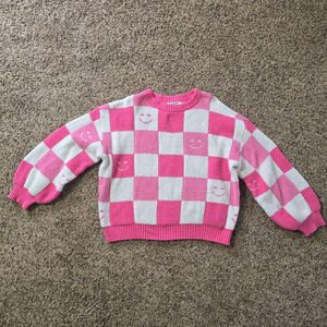Girls Old Navy Pink White Checkered Smiley Face Sweater L (10-12)